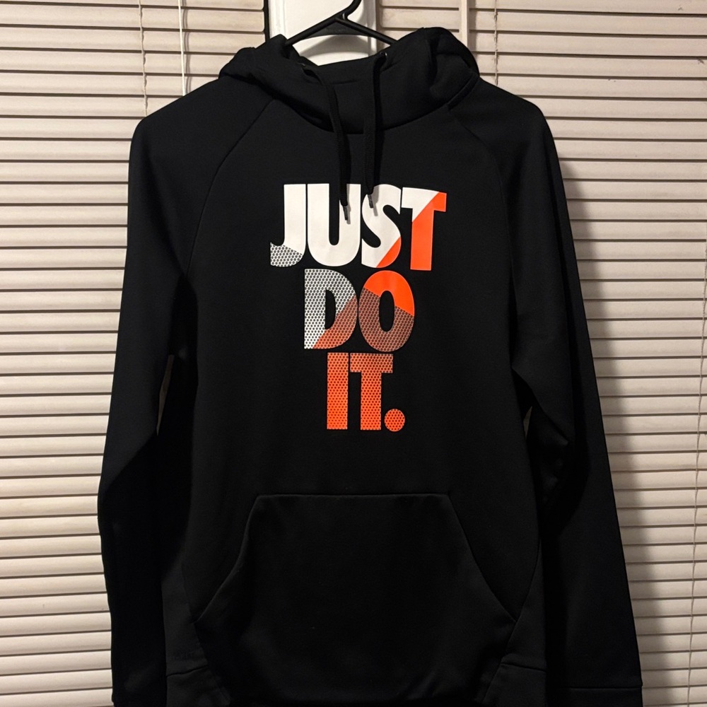 Nike Black Hoodie with Bold Orange and White Text